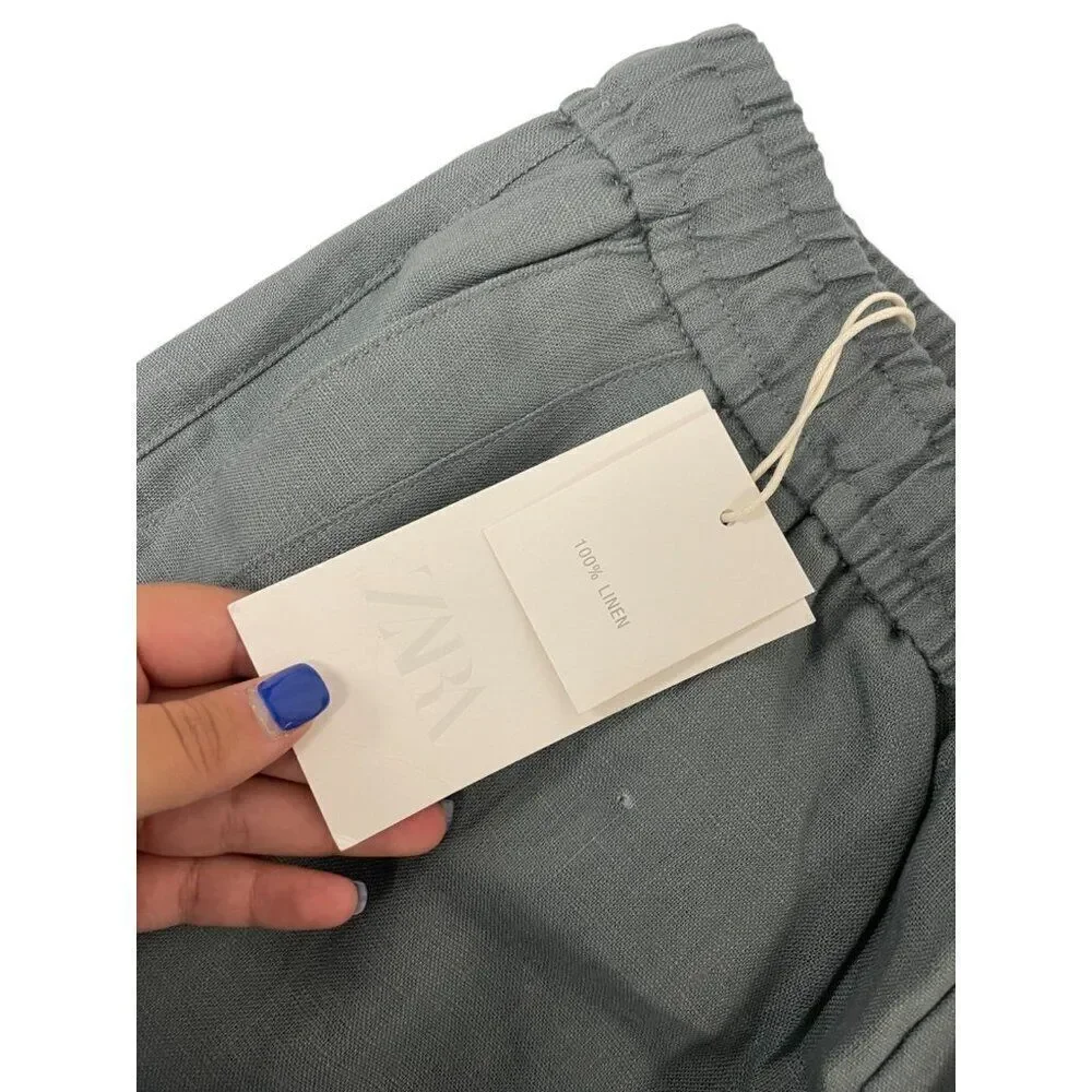 Zara Womens Linen Pants Medium M Trousers Grren Wide-Leg 5070/130 NWT